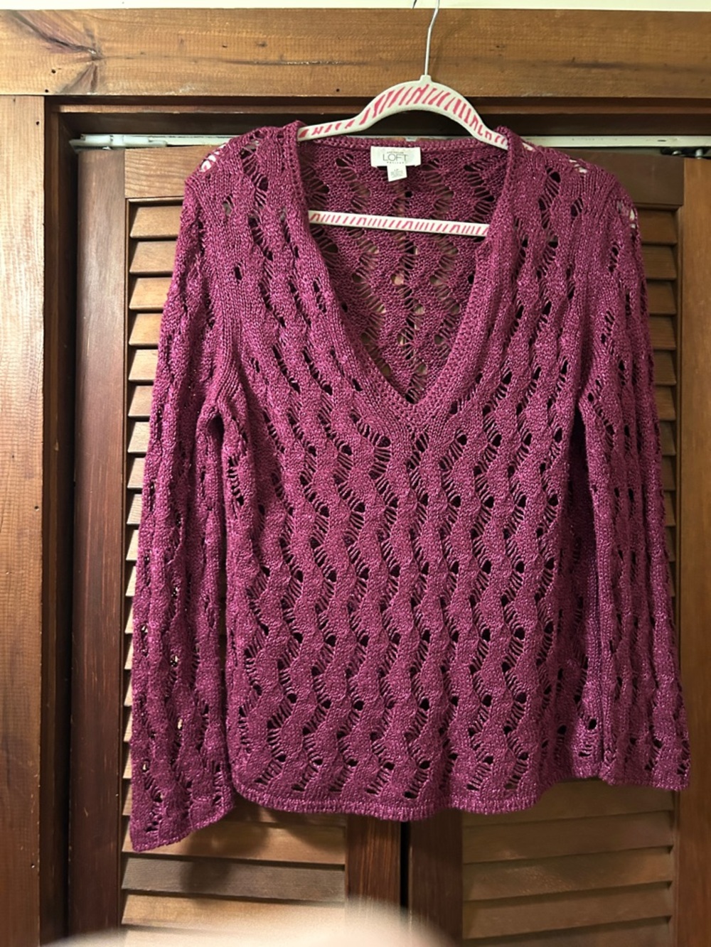 LOFT Open-Knit V-Neck Sweater in Raspberry Pink